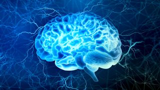 A vibrant blue digital brain on a dark blue background