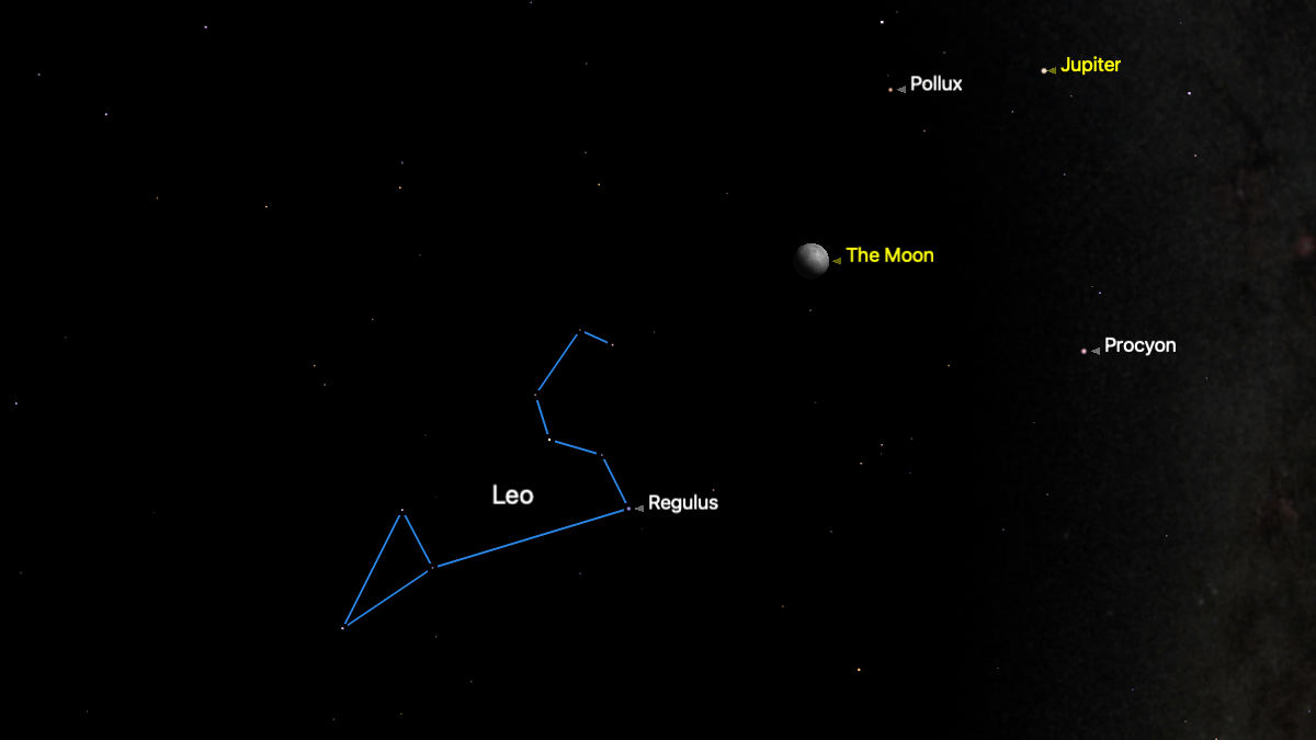 The stars of the constellation Leo are pictured joined by a blue line to the lower left of the moon in a black sky. Jupiter is also labelled to the upper right of the screen.