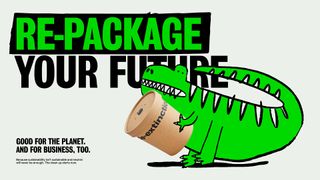 Dinosaur holding an eco friendly cup, with texts that reads "re-package your future"