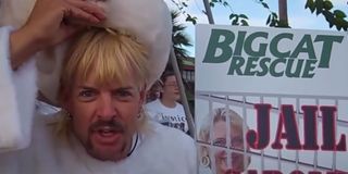 Joe Exotic in a bunny suit protesting outside Big Cat Rescue.