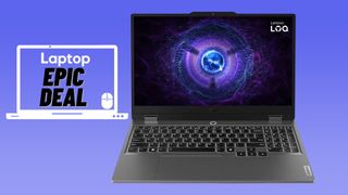 Gray Lenovo LOQ RTX 4060 gaming laptop against blue gradient background with laptop epic deal logo.