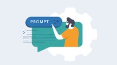 A stylized illustration showing a male software engineer wearing a yellow t shirt pressing a large blue button bearing the text "PROMPT" and three stars to show it's referring to an AI prompt. Beneath, code is beginning to be written, to show vibe coding. These elements are set against a light gray background, with a green speech bubble and large white cog directly behind the aforementioned elements.