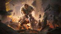 Key art of a Path of Exile 2 titan warrior character. A heavily-armored man slams a hammer down into the earth causing the ground to shatter in molten pieces.