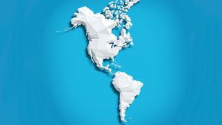 Here we see a digitally-created map with North and South America in white surrounded by blue water.