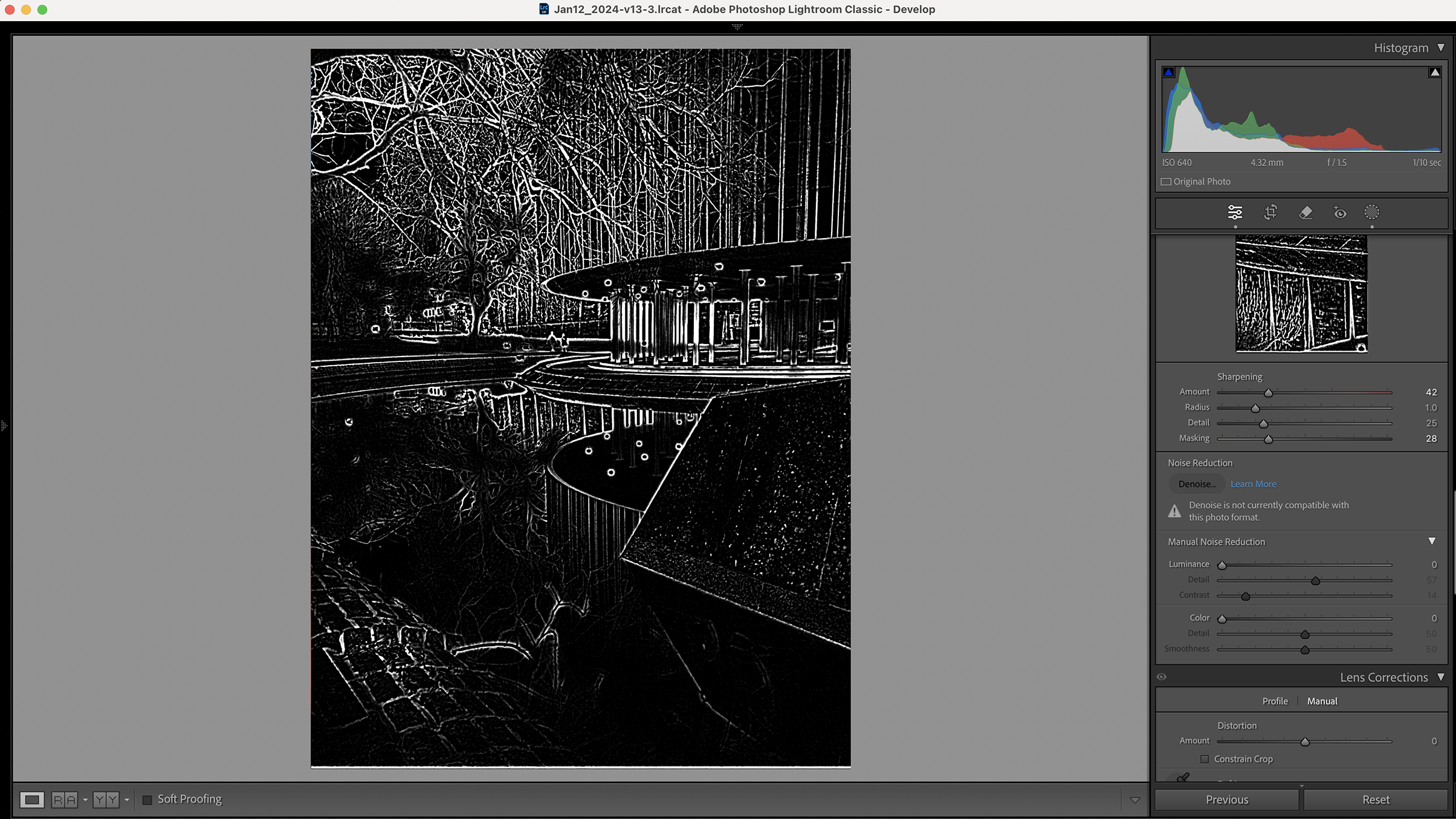 A dark, stylized image showcasing a modern building reflected in water, edited in Adobe Lightroom Classic with various adjustment panels visible