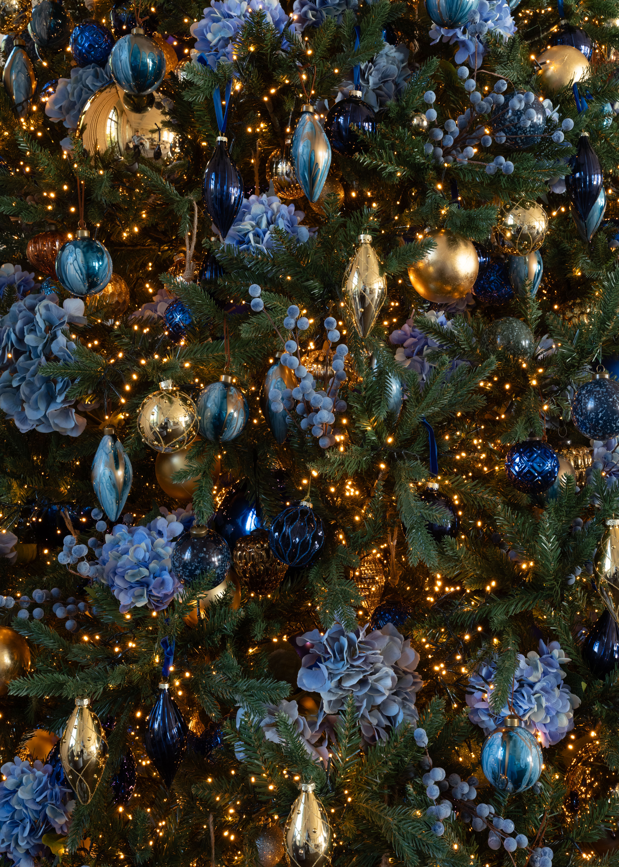 A close up of a blue themed Christmas tree with lights wrapped around the branches