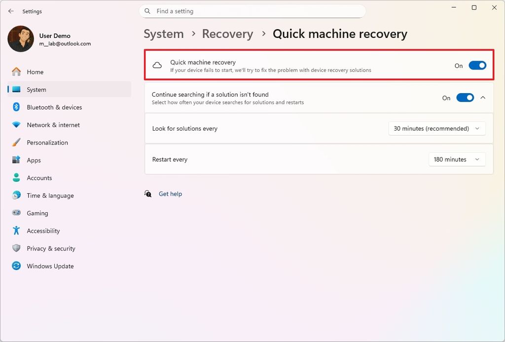 Quick Machine Recovery settings