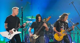 (from left to right) James Hetfield, Robert Trujillo, Lars Ulrich and Kirk Hammett of Metallica perform onstage at the Microsoft Theater on December 16, 2022 in Los Angeles