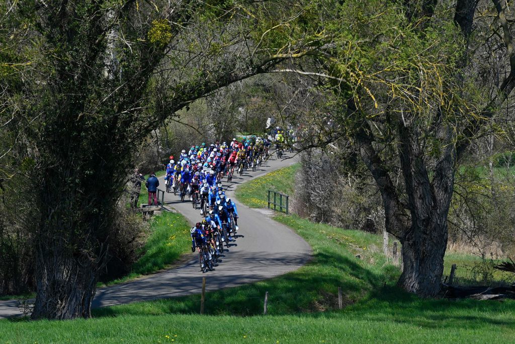 The pack of cyclists ride during the LiegeBastogneLiege one day cycling race from Liege to Liege on April 25 2021 Belgium OUT Photo by ERIC LALMAND Belga AFP Belgium OUT Photo by ERIC LALMANDBelgaAFP via Getty Images