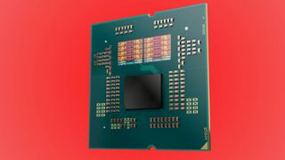 Image of a Ryzen 9000 series processor with the heat spreader removed, against a red background
