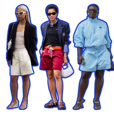 a collage of women at fashion week wearing board short outfits for summer