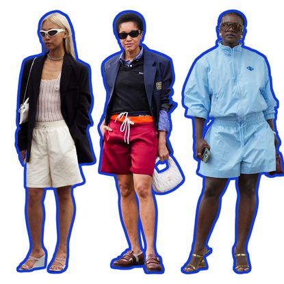 a collage of women at fashion week wearing board short outfits for summer