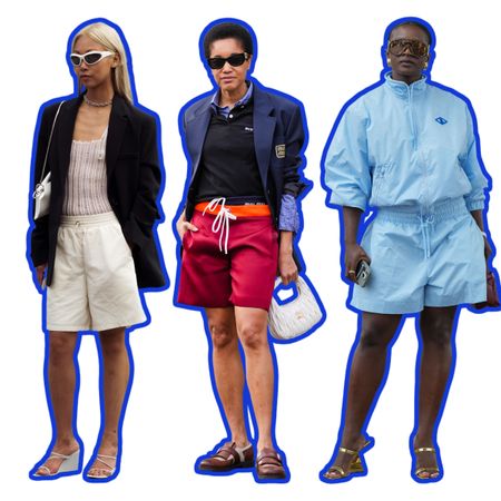 a collage of women at fashion week wearing board short outfits for summer