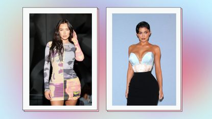 side by side photos of kylie and stassie on pastel backgrounds