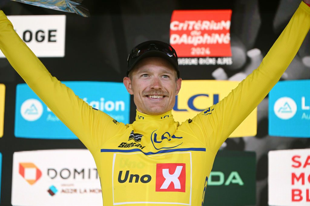 Magnus Cort in the Crit&eacute;rium du Dauphin&eacute; leader's jersey