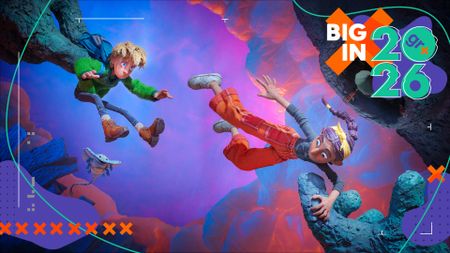 A screenshot from Out of Words showing two stop-motion characters falling through a purple sky 