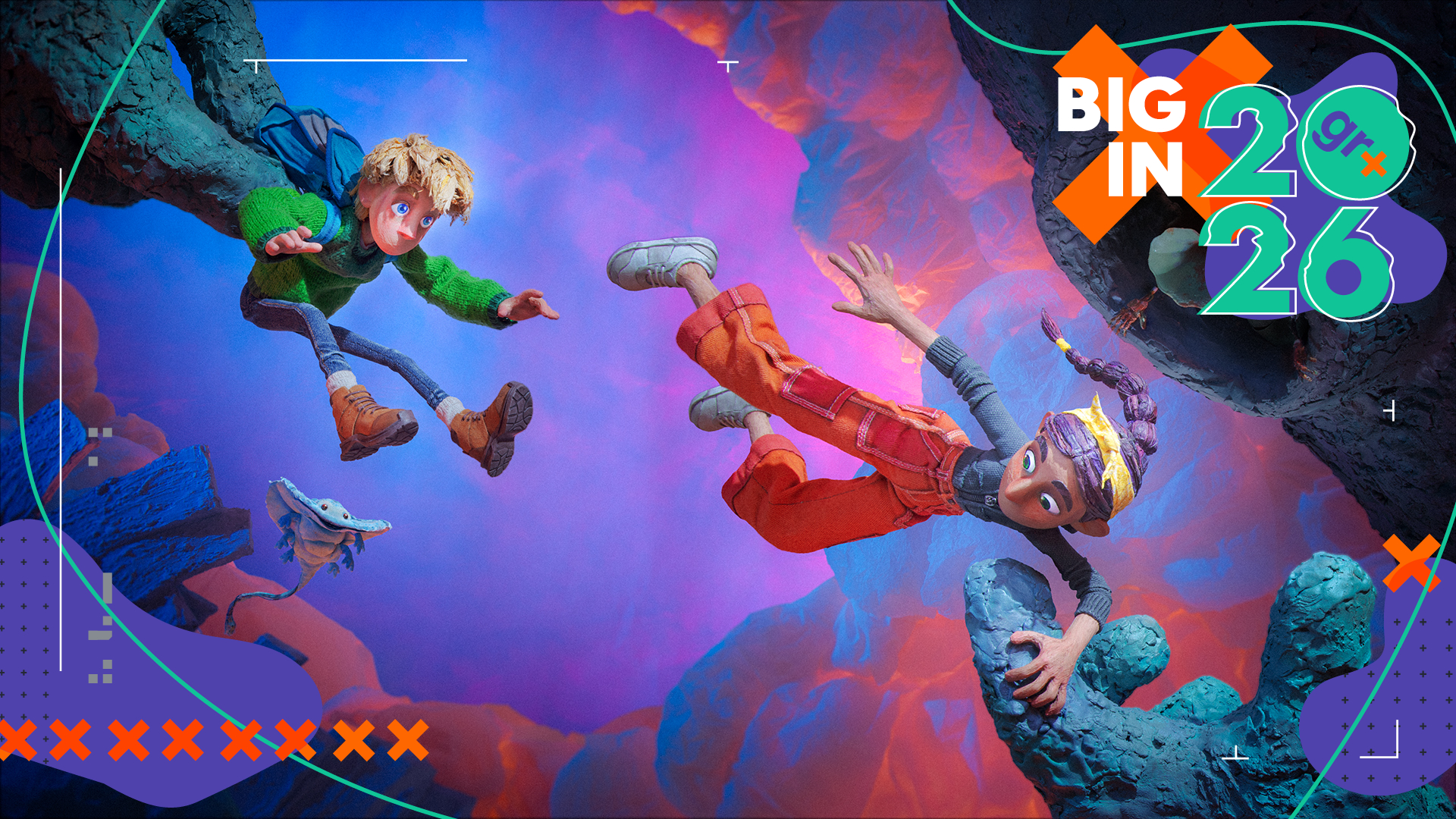 A screenshot from Out of Words showing two stop-motion characters falling through a purple sky 