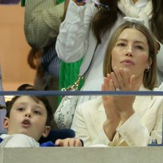 Jessica Biel and her son Silas Timberlake attend day four of the 2024 US Open Tennis Championships at the USTA Billie Jean King Tennis Center on August 29, 2024 in Flushing Meadows, Queens, New York City.