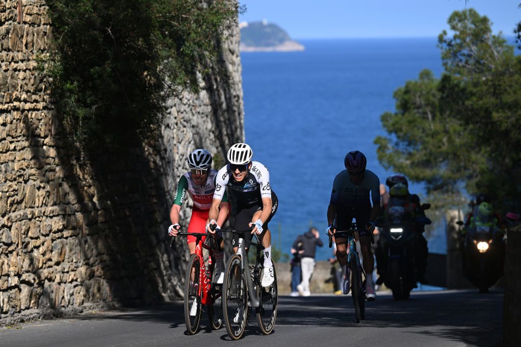 LAIGUEGLIA ITALY MARCH 05 LR Mattia Bais of Italy and Team Polti VisitMalta and Matteo Badilatti of Switzerland and Q365 Pro Cycling Team compete in the breakaway during the 62nd Trofeo Laigueglia 2025 a 197km one day race from Laigueglia to Laigueglia on March 05 2025 in Laigueglia Italy Photo by Dario BelingheriGetty Images