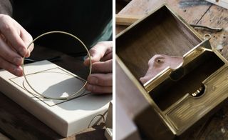 Inserting the circular gold metal inlay within the square on the lid.