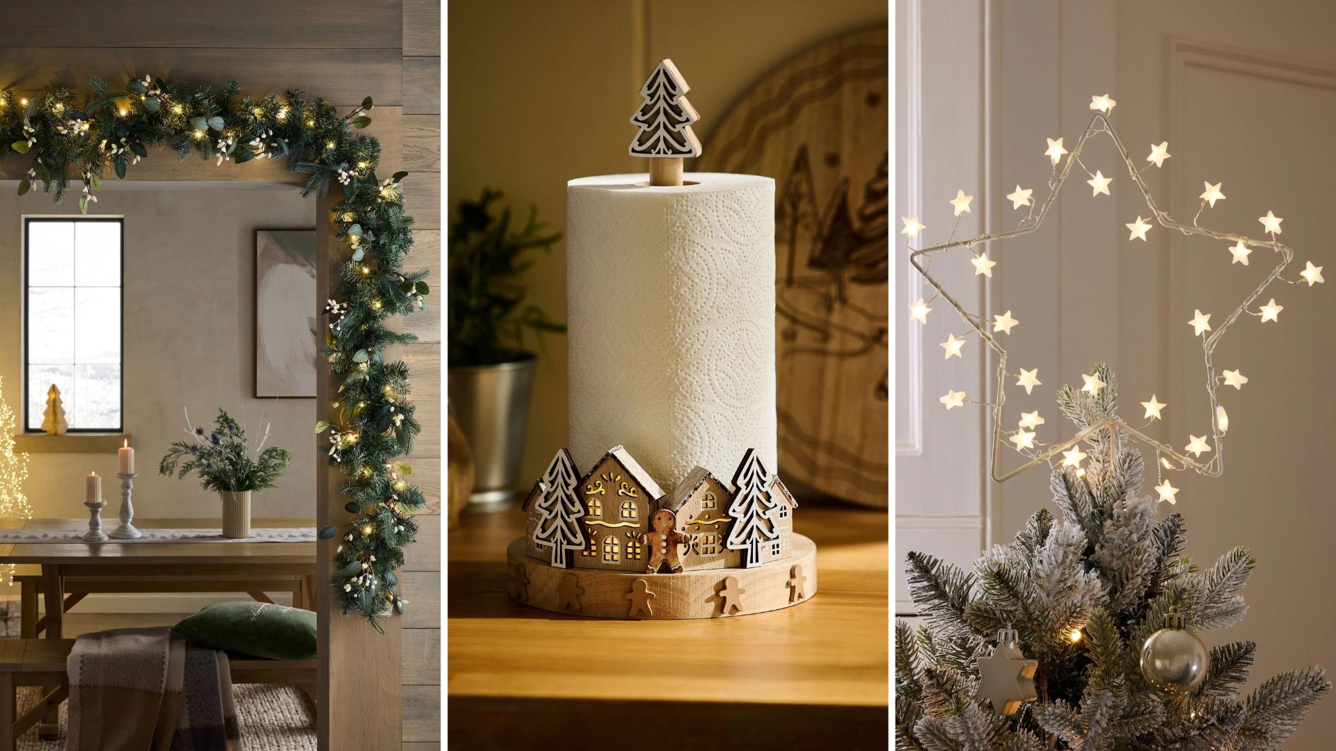 composite of light up garland, tissue holder and star tree topper