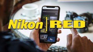 Close up of a phone being used to add color grading profiles on Nikon Imaging Cloud, with the Nikon Red logo superimposed on top