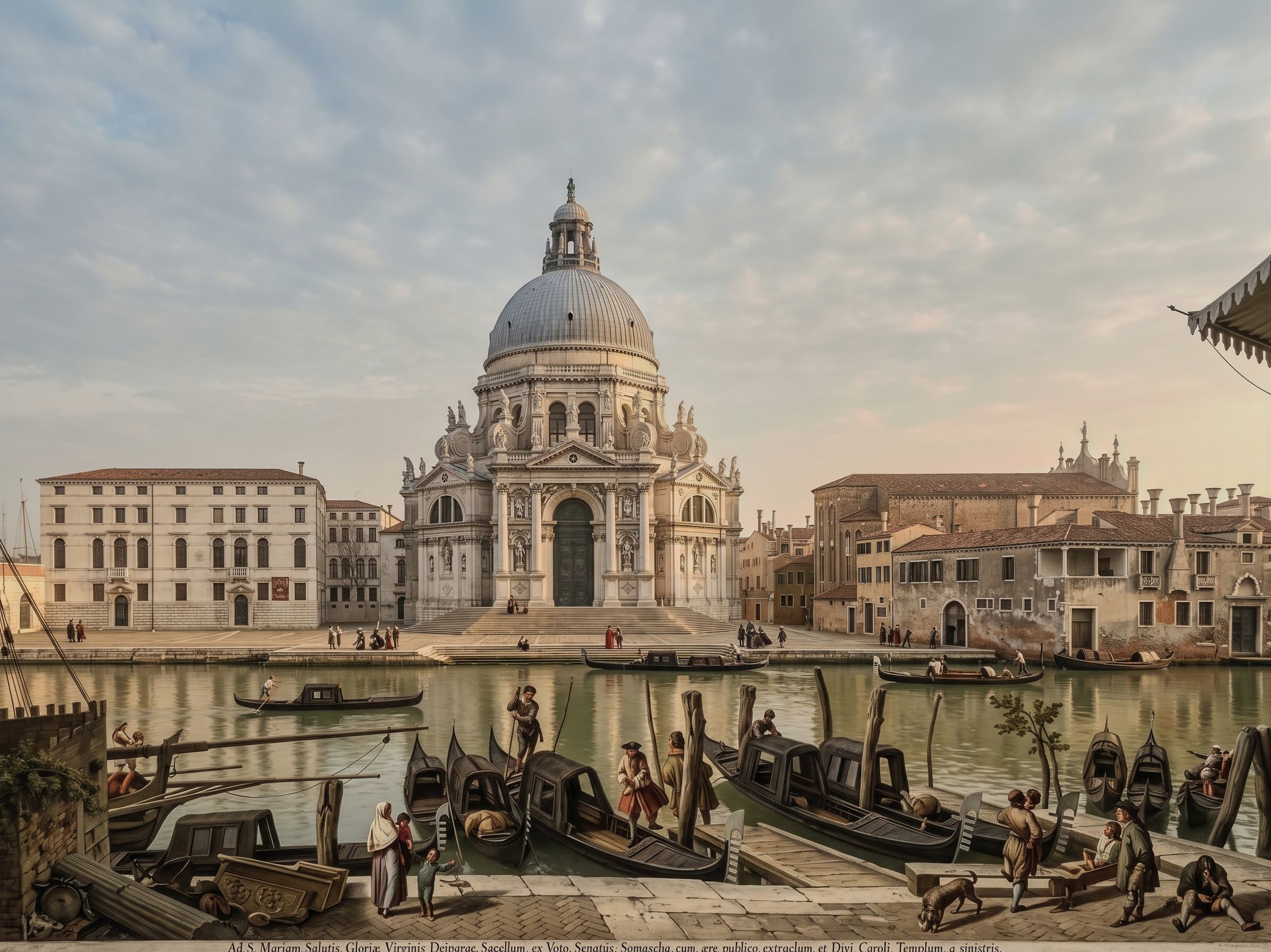 Colorized historic scene of a domed Venetian church overlooking a busy canal with gondolas and people.