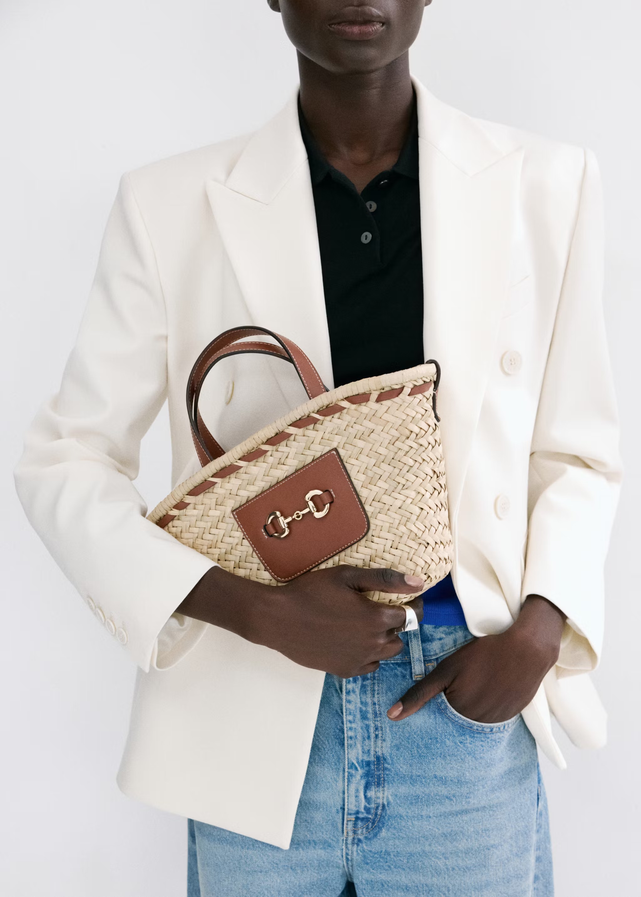 Mango Leather Trim Straw Basket Tote Bag