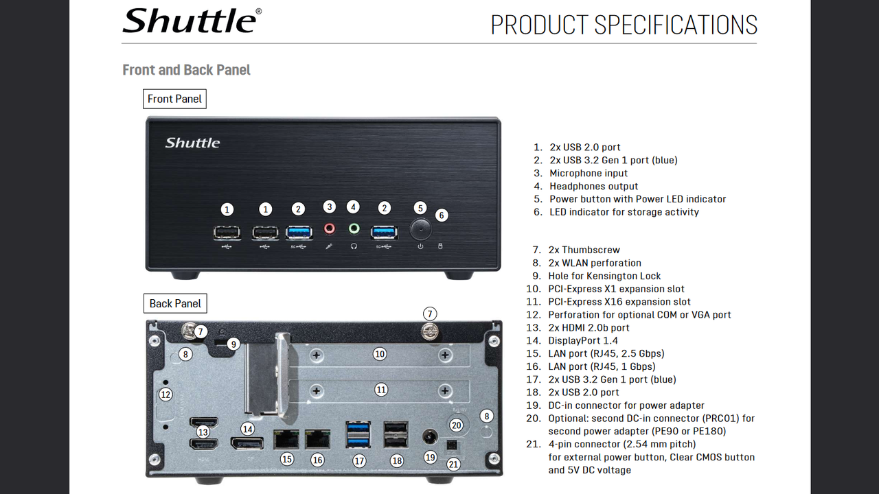 Shuttle XPC XH610G2 Specifications