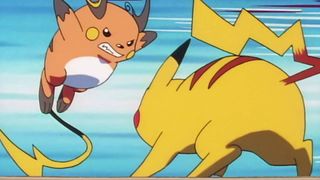 Pikachu facing an angry Raichu in the Pokemon anime series.