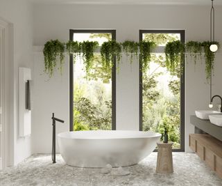Stylish white bathroom with living shelf above the tub