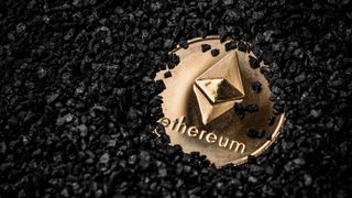Physical manifestation of Ether cryptocurrency buried in gravel