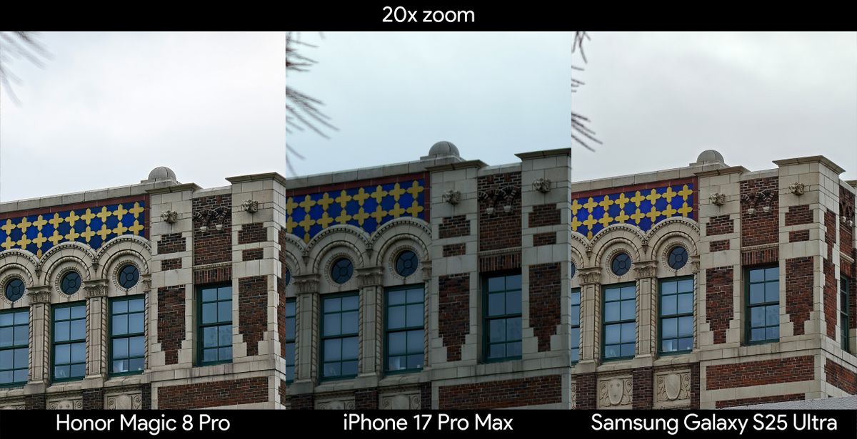 Comparing 20x zoom between the Honor Magic 8 Pro, iPhone 17 Pro Max, and Samsung Galax S25 Ultra