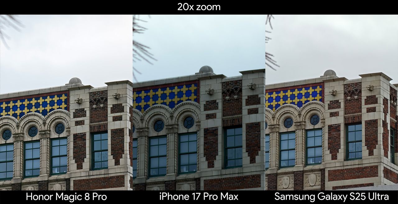 Comparing 20x zoom between the Honor Magic 8 Pro, iPhone 17 Pro Max, and Samsung Galax S25 Ultra