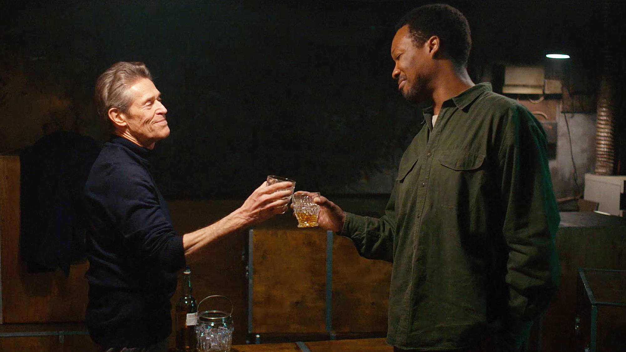 Willem Dafoe and Corey Hawkins in &quot;The Man in My Basement&quot; movie on Hulu (2025)
