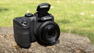 Kodak PixPro AZ255 digital camera in black on a stone surface in front of a green background outside