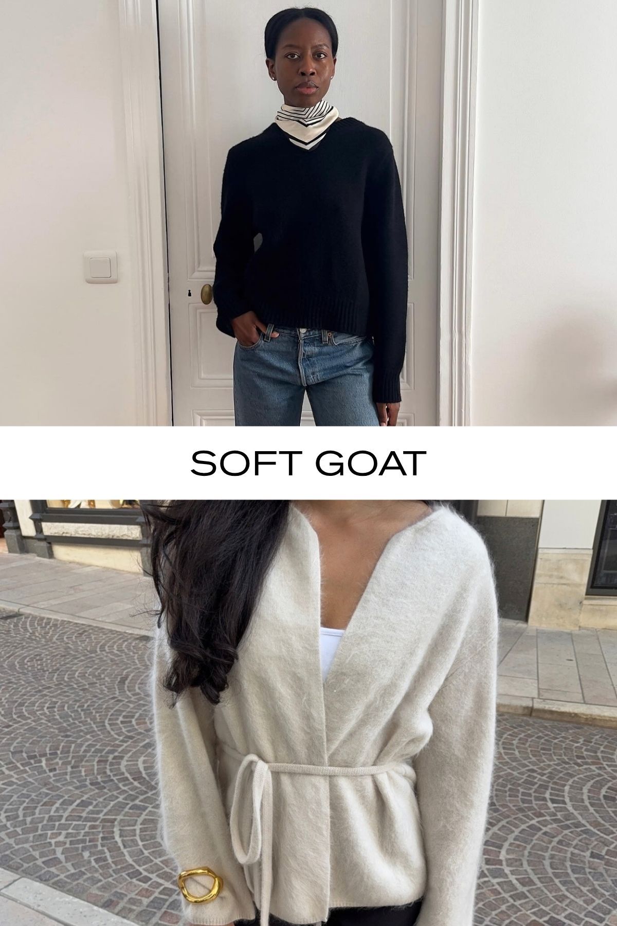 Woman wears navy sweater, blue jeans, silk scarf; woman wears cream brushed cashmere cardigan
