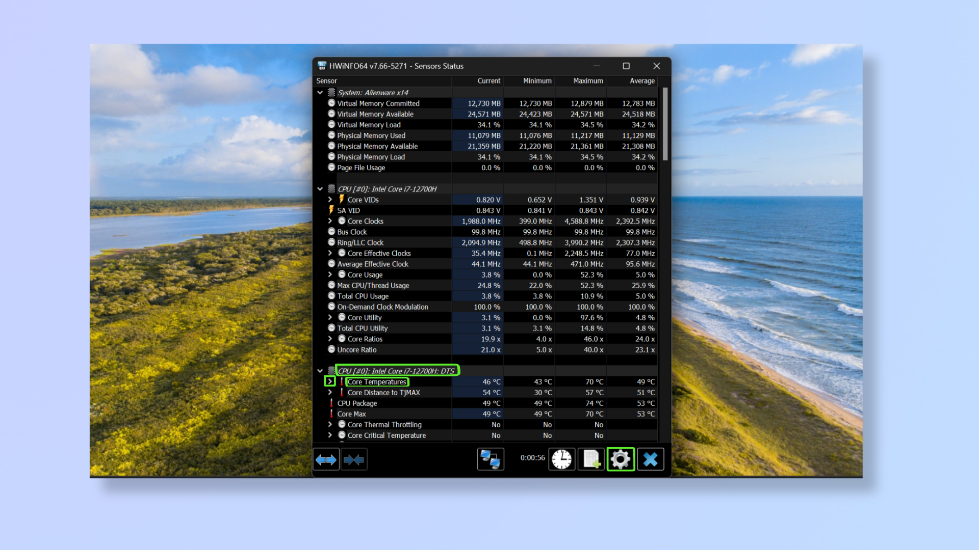 Снимок экрана приложения HWiNFO в Windows 11 с выделенной температурой процессора. 