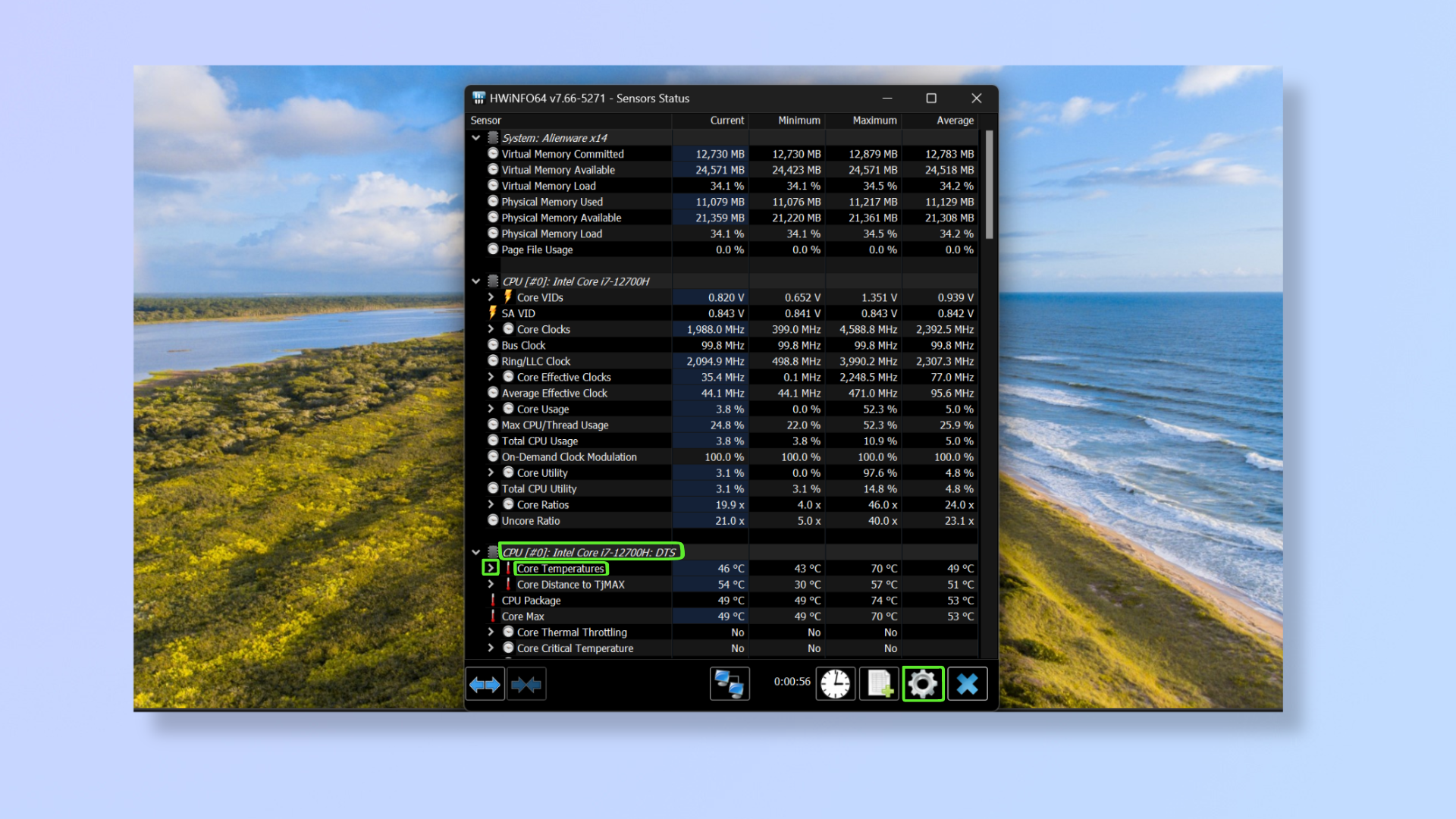 A screenshot of the HWiNFO app on Windows 11 with the CPU temperature being highlighted. 