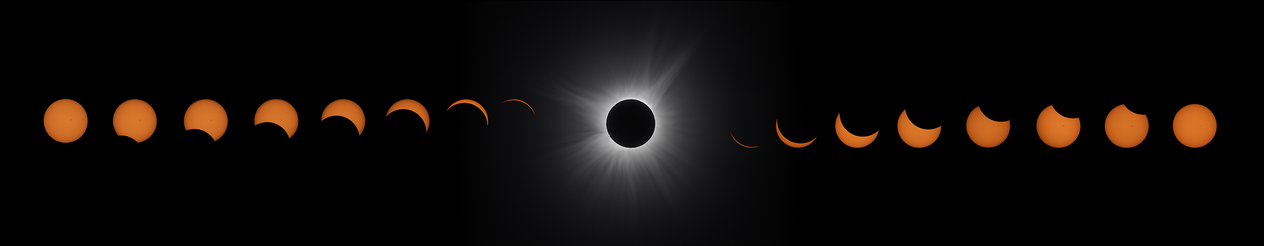 A sequence of images showing the phases of a solar eclipse, culminating in a total eclipse with a glowing corona