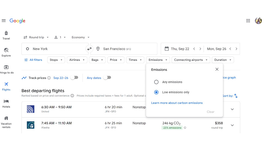 Google Search flights with low emissions