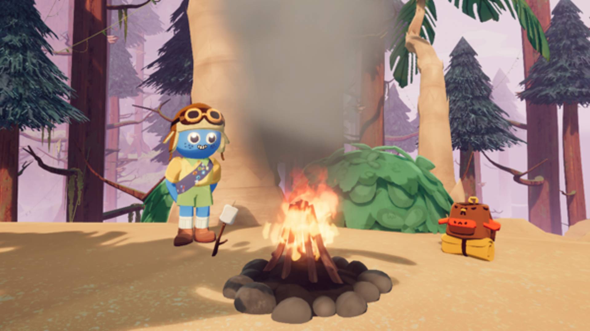 Screenshot from Peak's Play It Your Way update shows a player standing in front of a campfire.
