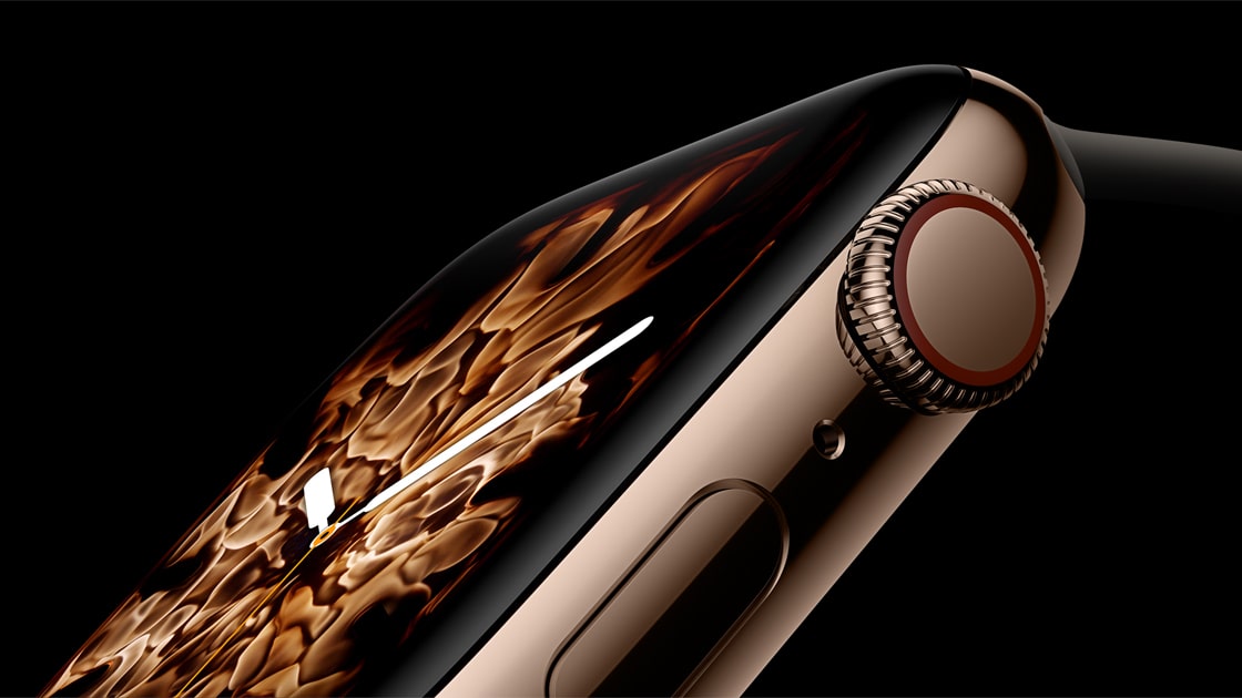 An Apple Watch Series 4 displaying the Fire and Water watch face.