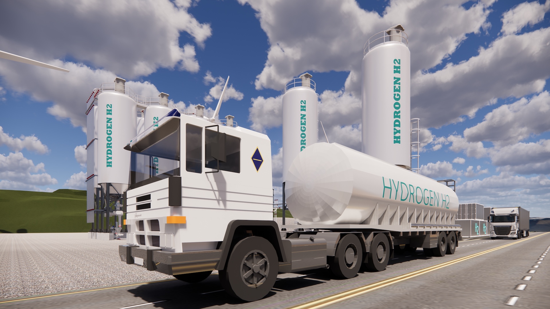 white hydrogen tank truck in front of two hydrogen storage tanks.