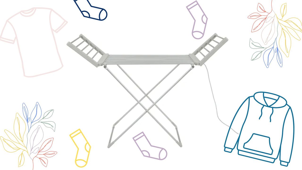 The Dunelm Heated Airer With Wings on a white background with outlines of clothes