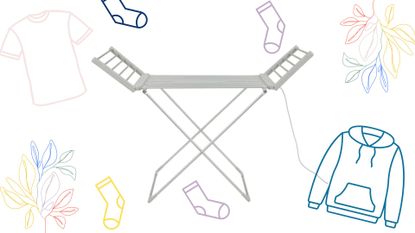 The Dunelm Heated Airer With Wings on a white background with outlines of clothes