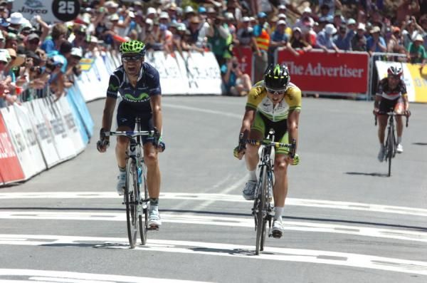 ...Just. Valverde and Gerrans cross the line together - The Spaniard won the stage, while Gerrans second took hold of the ochre jersey.