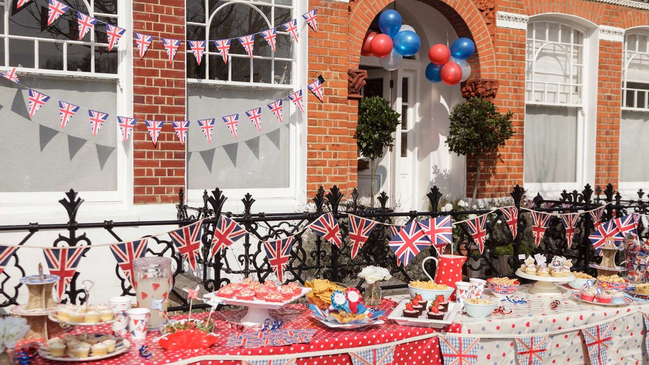 Jubilee decorations at a street party to celebrate the Queen&#039;s 70th Platinum Jubilee