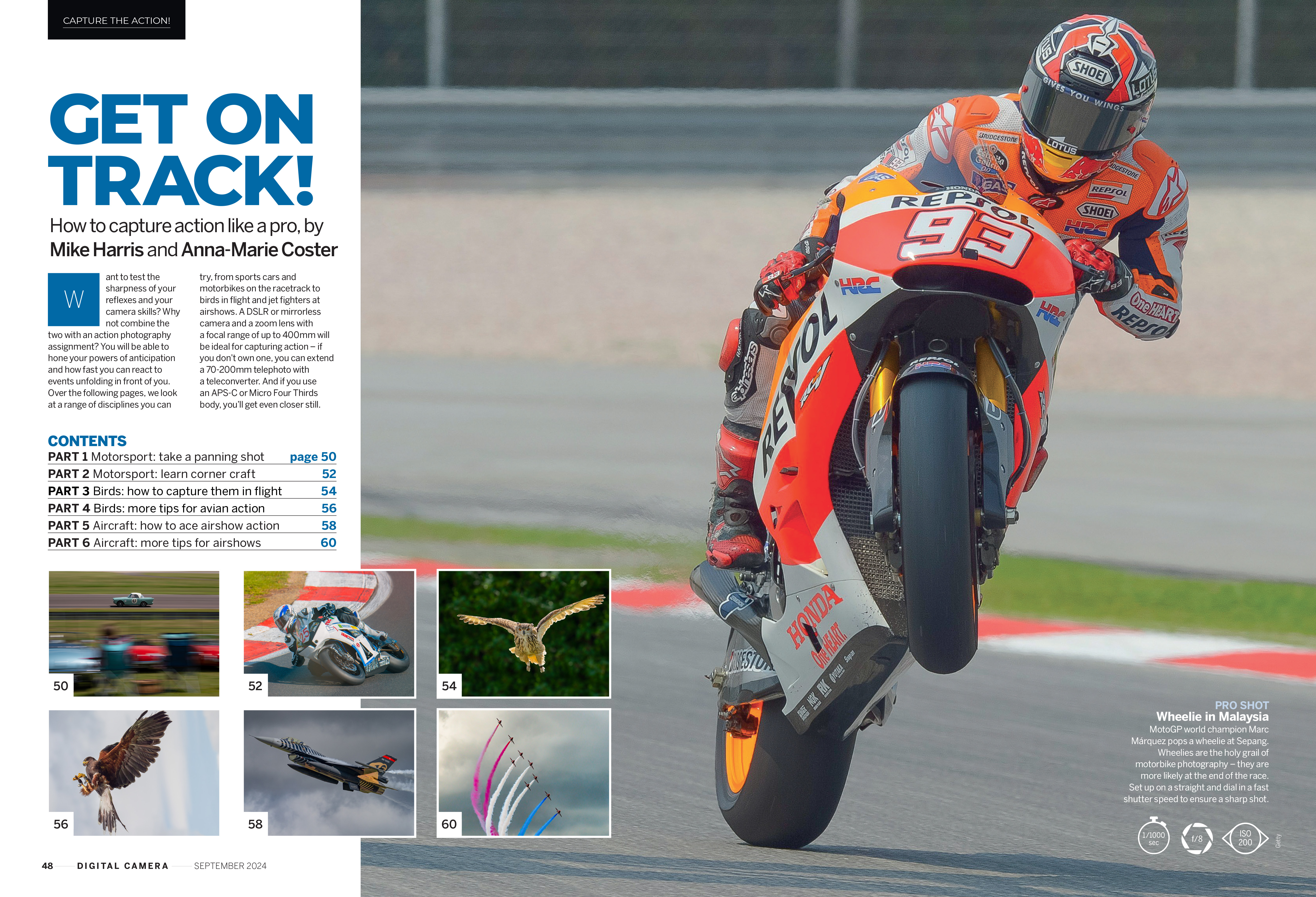 The first two pages of the cover of the September 2024 issue of Digital Camera magazine are about photographing fast-paced action events