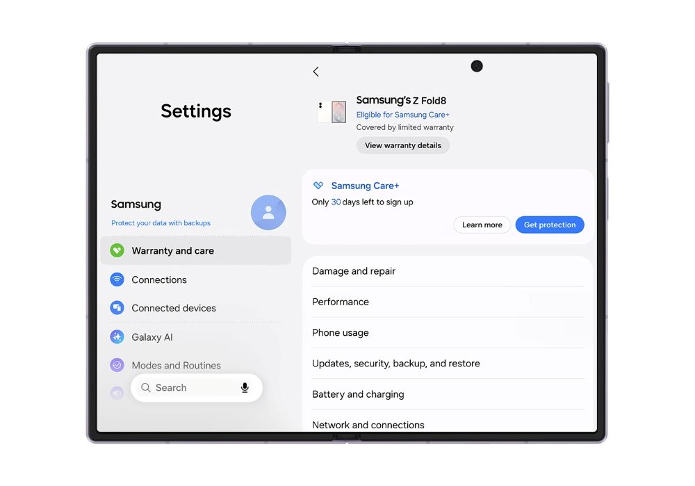 Samsung's new warranty and care menu in Settings